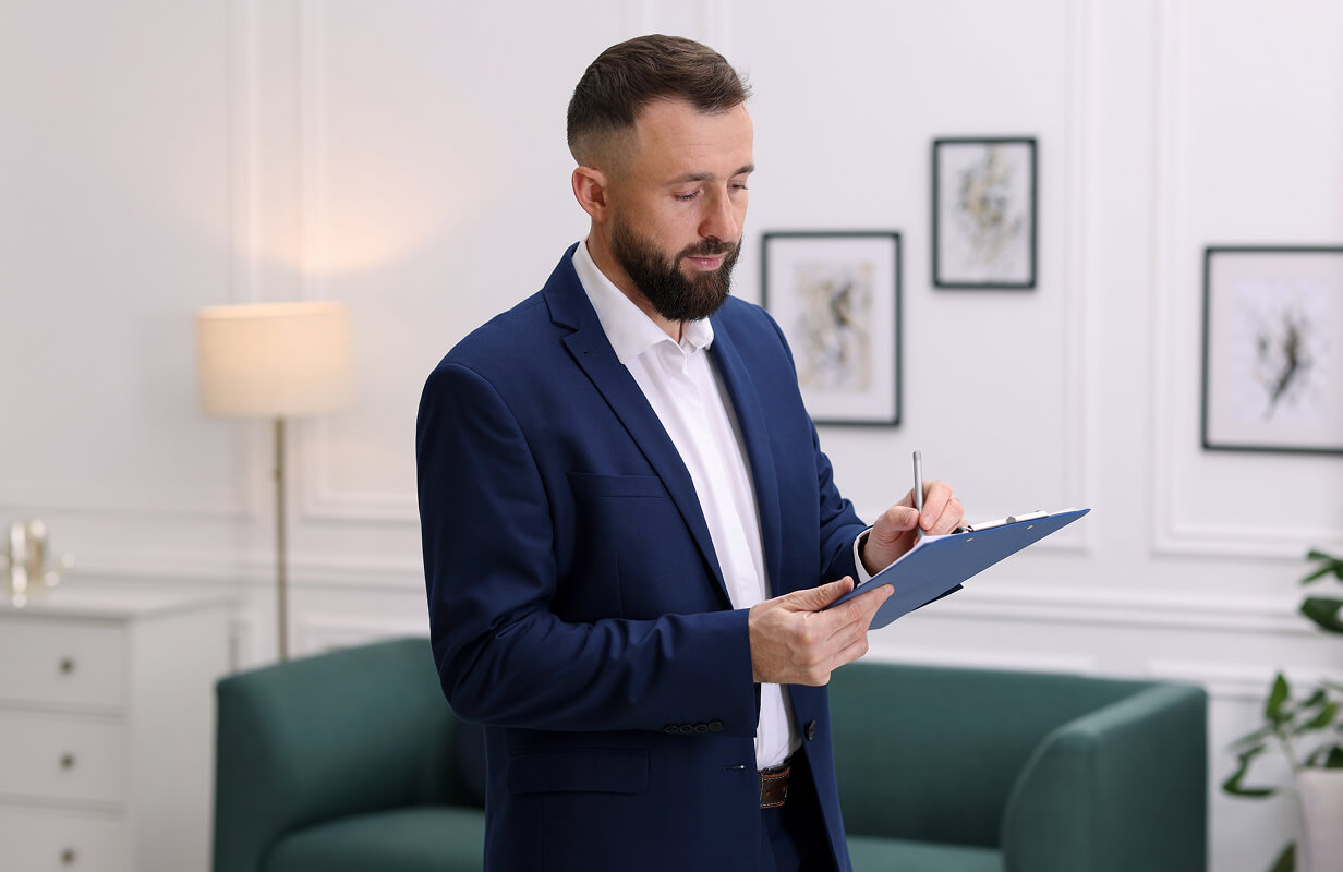 Mężczyzna w garniturze przeglądający dokumenty na clipboardzie w nowoczesnym biurze.